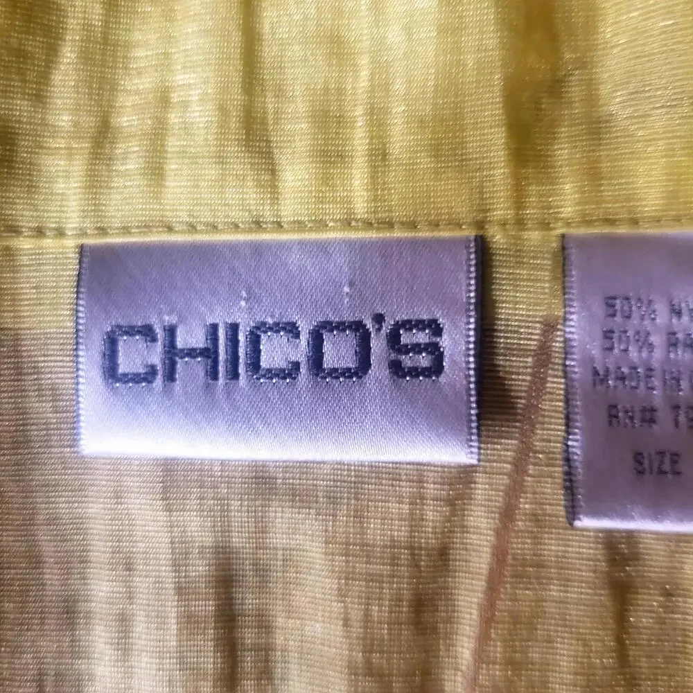 Chico's Chartreuse Sheer Taffeta-Like Button-Up Textured Floral - Sz 2 (Lg) - Picture 9 of 9